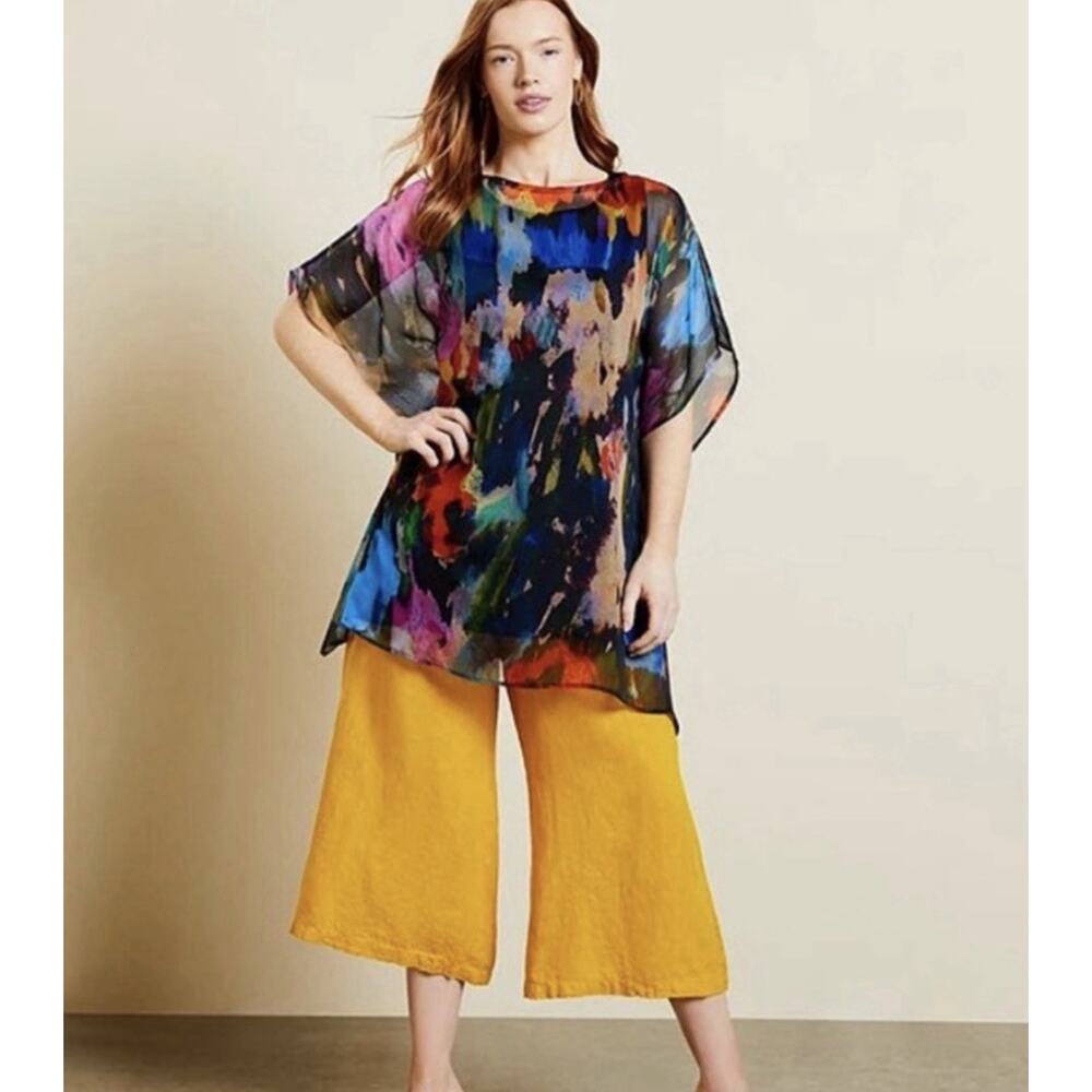 BRYN WALKER 100% Silk Pina Paletta Tunic Top Lagenlook Boxy Poncho Sz S